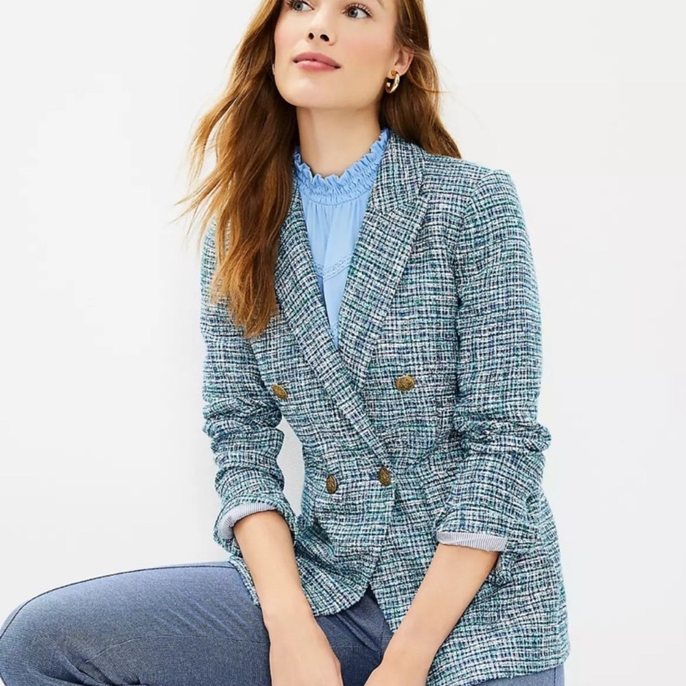LOFT NWT Blue Tweed Double Breasted Blazer Jacket Size 8 $160